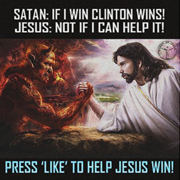 This image depicting the 2016 presidential election as a showdown between Satan and Jesus was created by Russian operatives who hoped it would deepen political divisions.