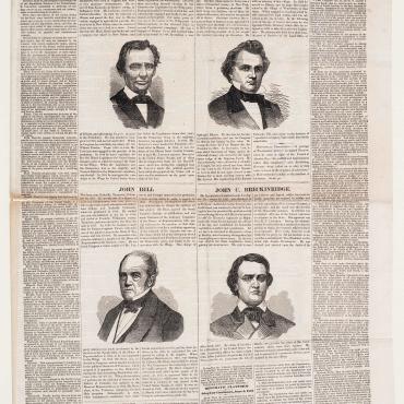 This Philadelphia Inquirer front page from June 28, 1860, gives short bios for each candidate and details each party's plan for the nation.