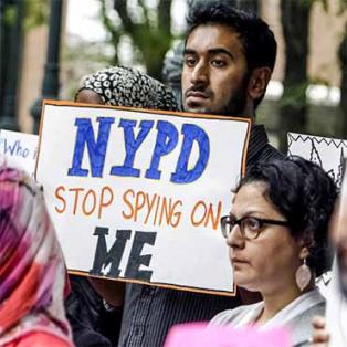 People rally in Manhattan, NY, to protest a New York Police Department surveillance program.