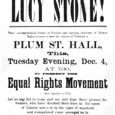 Advertisement for Talk by Suffragists Lucy Stone and Henry Blackwell,
