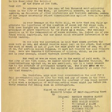 Letter from the Equality League of Self-Supporting Women, June 8, 1907