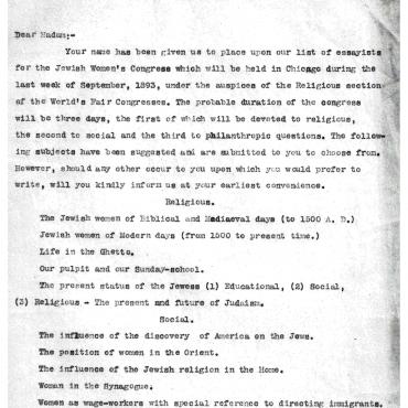 Letter from Planning Committee for Jewish Women's Congress, 1892, Page 1