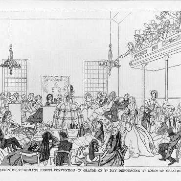 A wood engraving of a women's rights convention
