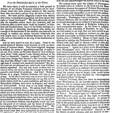 The author likens Nativism's anti-Catholic and anti-immigrant attitude to "the old spirit of tyranny which concocted the 'Alien and Sedition Laws.'"