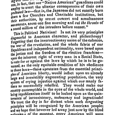 The author appeals to Americans' Christianity and philanthropy in asking them to oppose the "monstrous doctrines of 'Nativism.'"