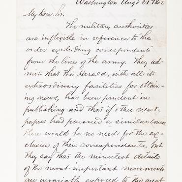 1862 Letter Explains Military Restrictions on Reporting