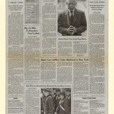 This New York Times front page documents South Africa's first fully democratic election and the massacres in Rwanda.