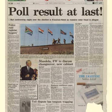 This South African newspaper announces the results of the country's first free elections, which made Nelson Mandela its first black president.