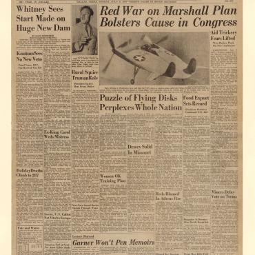 This July 6, 1947, issue of the Dallas Morning News reports that Soviet opposition to the Marshall Plan has made the proposal more popular in the United States.