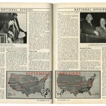 Time magazine recounts the transcontinental journeys of Truman and Dewey and their respective running mates, Alben Barkley and Earl Warren, in September 1948