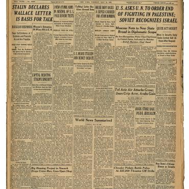 “The candidates … faced each other before a small studio audience while the nation listened in,” according to a New York Times article (fourth column from left) on May 18, 1948.