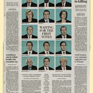 The illustrations of Democratic and Republican candidates show a diverse and crowded field of hopefuls for the two major parties. The story quotes an undecided Iowa voter as saying, "I feel like I'm being courted by several boyfriends to date me."