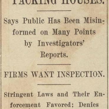Months after the publication of Upton Sinclair's The Jungle, The Chicago Daily Tribune illustrates its impact on the local meatpacking industry and Congress.