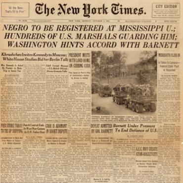 Coverage of the James Meredith crisis dominates the front page, with four different articles describing Meredith's arrival and G. Barnett's responses.