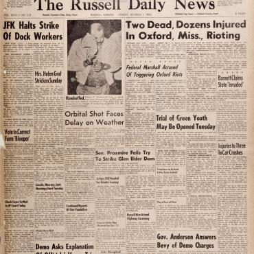 Other articles discuss accusations that marshals had caused the riots and Gov. Barnett's response. Barnett calls the troops' presence an "invasion."