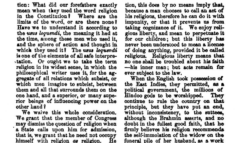 In "The Mormons," Francis Lieber insists that religious liberty means that "no one shall be troubled about his faith — his inner man; but acts remain for ever subject to the law."