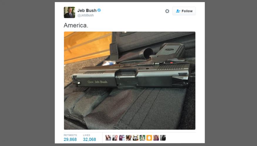 Tweet by Jeb Bush, picture of a handgun with the caption "America"