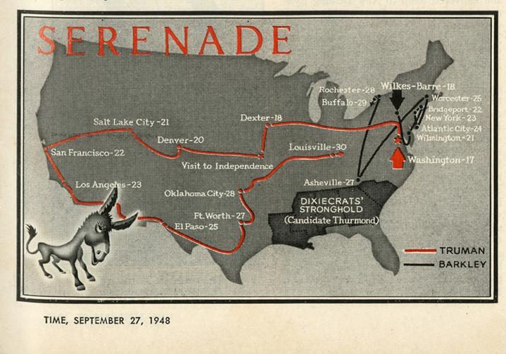 Time magazine recounts the transcontinental journeys of Harry Truman and his running mate, Alben Barkley, in September 1948.